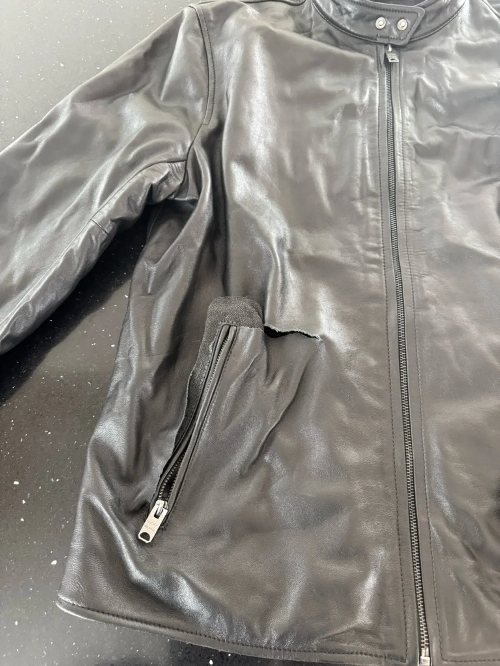 Men's Black Leather Bomber Jacket with Stand Collar *Flawed